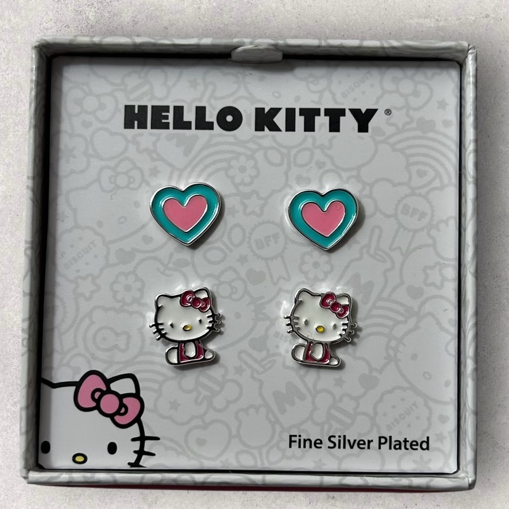 NIB Hello Kitty Sanrio 2 Pair Fine Silver Plate Stud Earrings Set in Gift Box